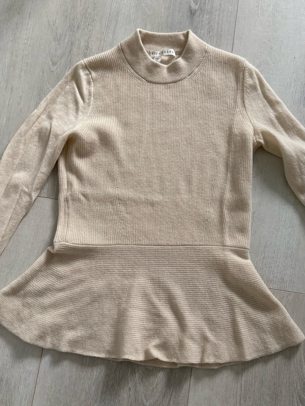 Veronica Beard 100% Cashmere Cream Peplum Mock Neck Ribbed Top